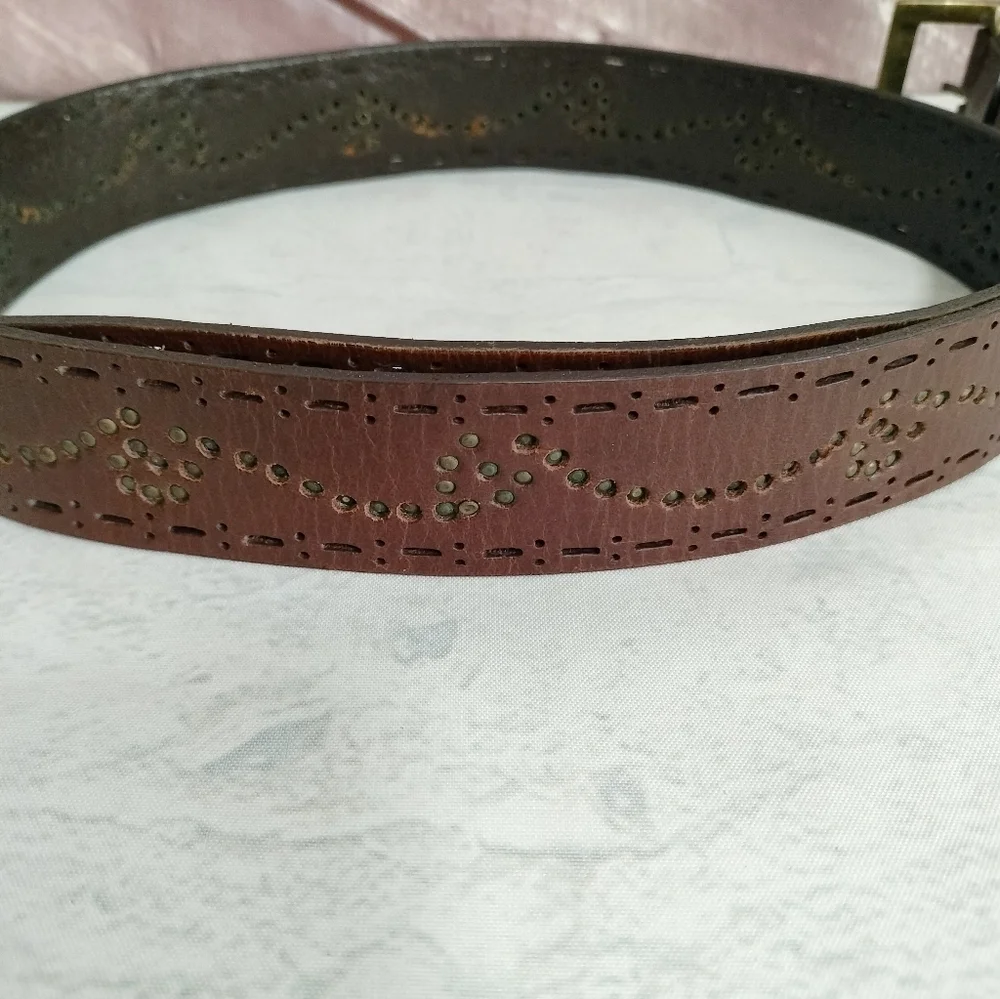 Unisex Brown Leather Belt Embossed Brass Brads Buckle Diecut  Western Retro